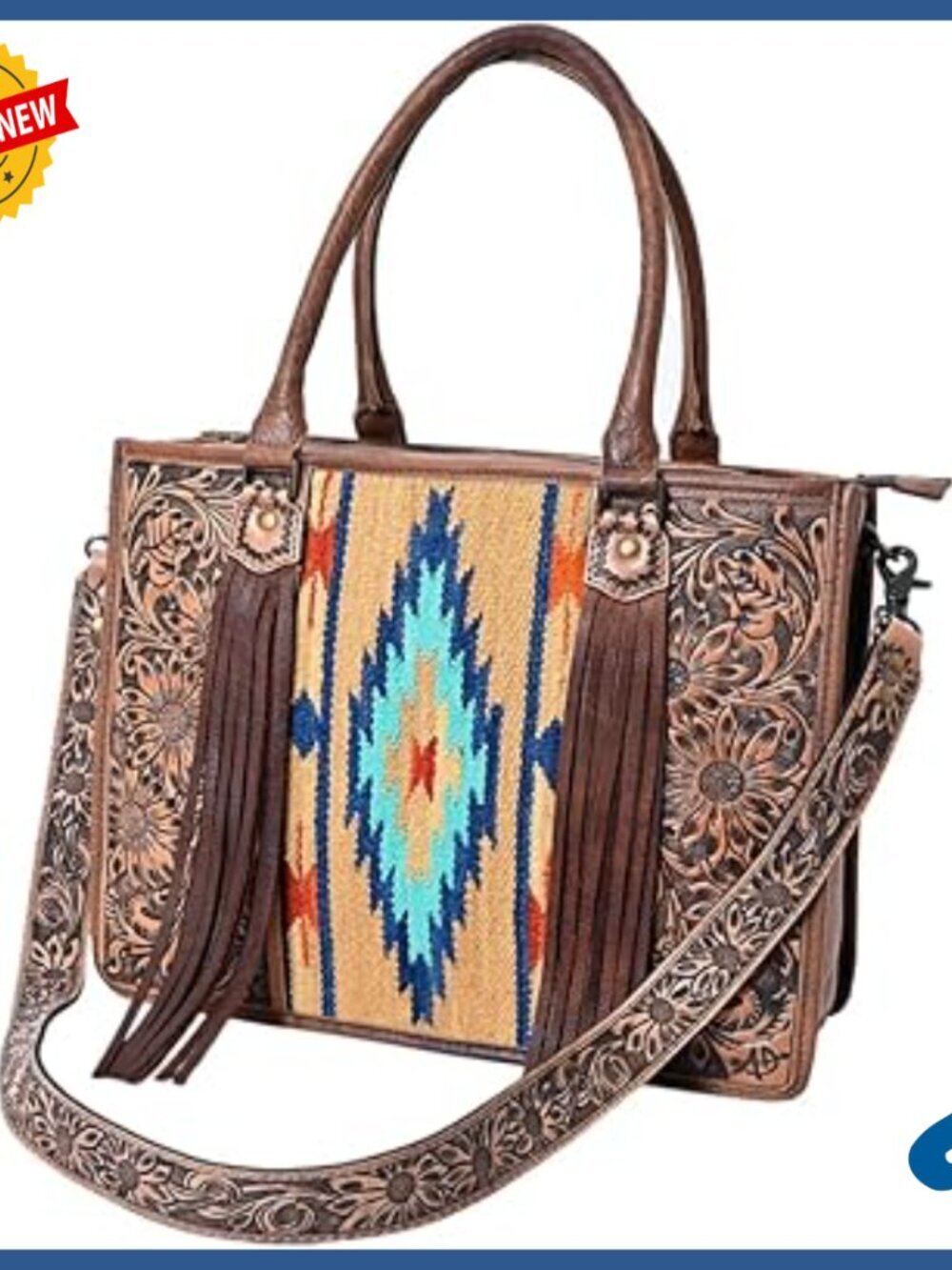 Genuine Leather Tote Bag with Hand Tooled Floral Design and Fringes